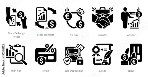 A set of 10 mix icons as stock exchange access, stock exchange, no risk