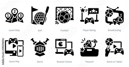 A set of 10 mix icons as levels map, golf, football