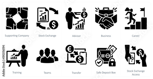 A set of 10 mix icons as supporting company, stock exchange