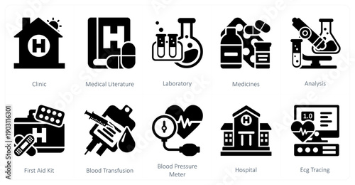 A set of 10 mix icons as clinic, medical literature, laboratory