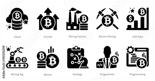 A set of 10 mix icons as cloud, income, mining factory