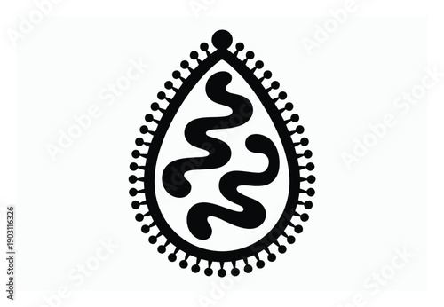 Black and white abstract teardrop shape with wavy lines and beaded border