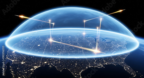 Defensive futuristic iron dome shield protecting United States of America viewed from outer space atmosphere global security concept 3D rendering orbital perspective.