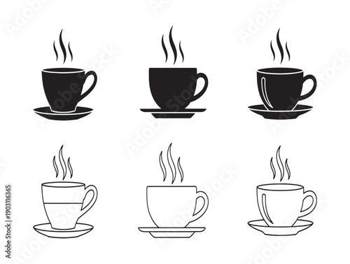 Six steaming coffee cups in a 2x3 grid with both black and white line art styles