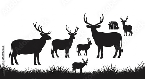 Collection of Deer Silhouettes with Antlers and Barn Illustration.