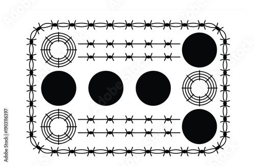 Barbed Wire Border with Black Circles and Concentric Rings