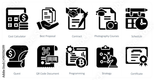 A set of 10 mix icons as cost calculator, best proposal, contract