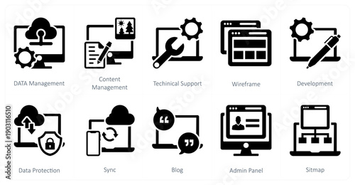 A set of 10 mix icons as data management, content management, technical support