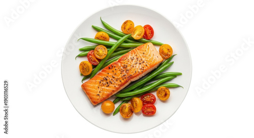 Obraz na plátne Grilled salmon fillet with green beans and cherry tomatoes isolated PNG, healthy
