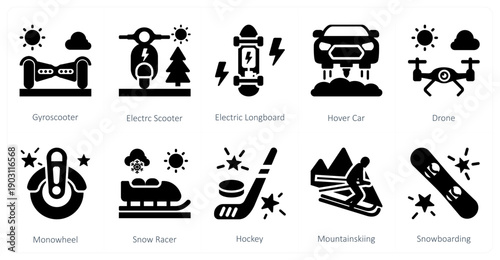 A set of 10 mix icons as gyroscooter, electric scooter, electric longboard