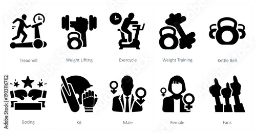 A set of 10 mix icons as treadmill, weight lifting, exercycle