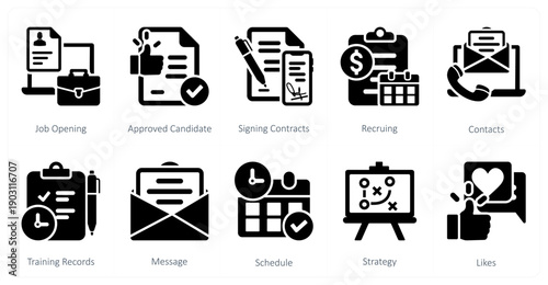 A set of 10 mix icons as job opening, approved candidate, signing contracts