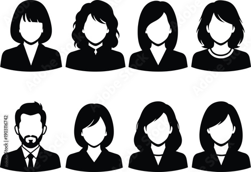 Eight diverse professional silhouettes in formal attire for corporate or team representation.