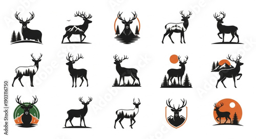 Collection of Deer Silhouettes with Natural Elements.