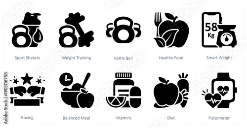 A set of 10 mix icons as sport shakers, weight training, kettle bell