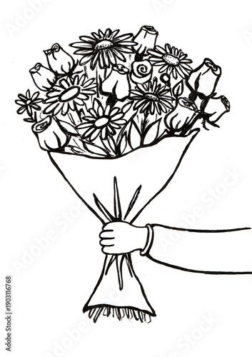 Quadro em tela A hand grips a large bouquet filled with different types of flowers, including roses and daisies