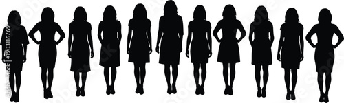 Silhouettes of diverse women standing confidently in a line against a plain background