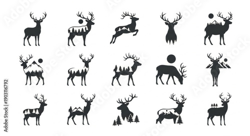 Collection of Deer Silhouettes with Nature Elements.