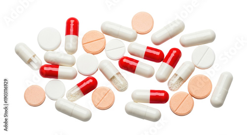 Fotografía Pile of colorful pills and capsules isolated on transparent background, pharmace