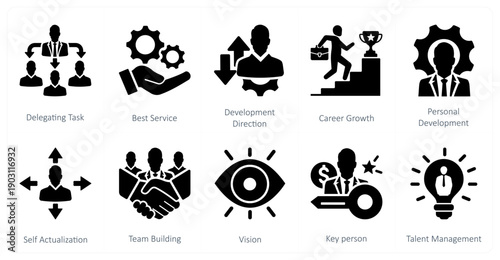 A set of 10 mix icons as delegating task, best service, development direction