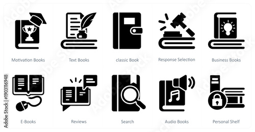 A set of 10 mix icons as motivation book, text book, classic book