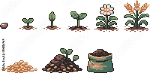 Pixel art plant growth stages set, seed sprout flower wheat harvest soil bag, farming agriculture concept, retro game style illustration