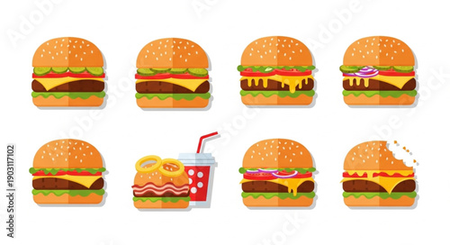 Collection of Delicious Burgers and Fast Food Drinks.