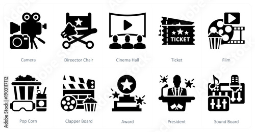 A set of 10 mix icons as camera, director chair, cinema hall