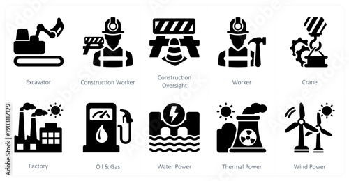 A set of 10 mix icons as excavator, construction worker, construction oversight