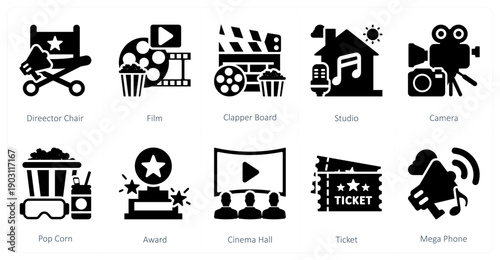 A set of 10 mix icons as director chair, film, clapper board