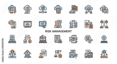 Risk Management Icons: Strategy, Analysis, Security, Finance, Data, Cloud, Planning
