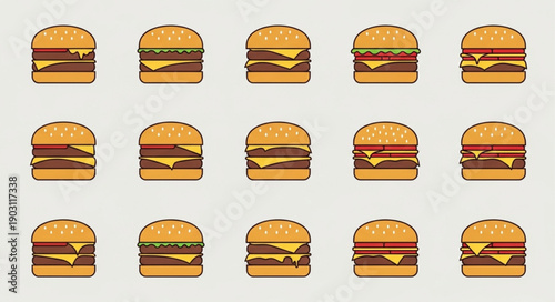Collection of delicious cheeseburger illustrations in a grid pattern.