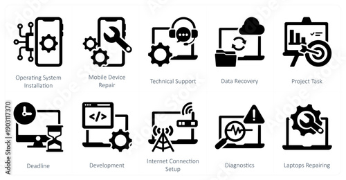 A set of 10 mix icons as operating system installation, mobile device repair