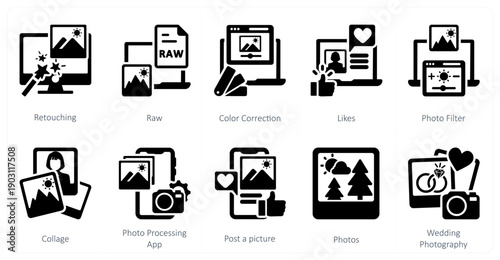 A set of 10 mix icons as retouching, raw, color correction