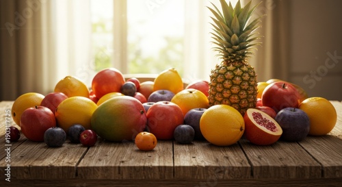 Colorful Assortment of Fresh Tropical Fruits on Wooden Table