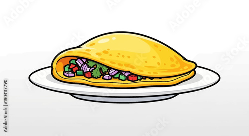 Delicious cartoon omelet filled with fresh colorful vegetables on a white plate for breakfast meal