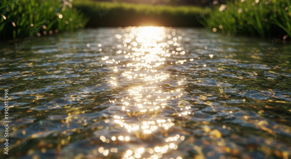 Fototapeta premium Golden Sunlight Reflecting on a Calm Stream