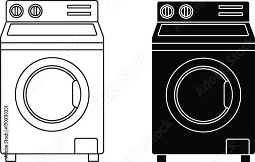 Black and white vector icons of a washing machine featuring a line art version and a solid silhouette isolated on white for laundry design