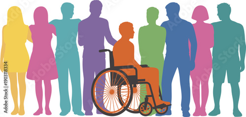 Inclusive diverse silhouettes, colorful community figures with wheelchair, accessibility equality unity concept, vibrant multicolor illustration design, diversity representation art