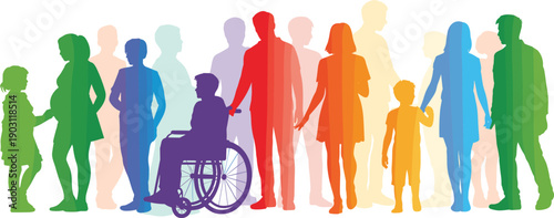 Inclusive diverse community silhouettes, colorful people figures, children adults wheelchair pregnant representation, equality diversity unity concept, vibrant multicolor illustration design