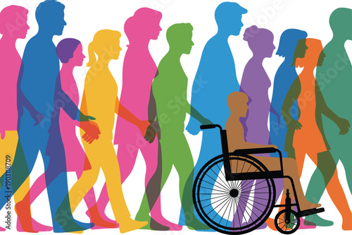 Colorful diverse people silhouettes walking with wheelchair user flat vector illustration, inclusive society, accessibility, equality and social diversity concept