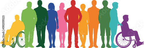 Colorful people silhouettes with wheelchair users representing diversity inclusion equality accessibility unity modern inclusive multicultural community concept society awareness illustration