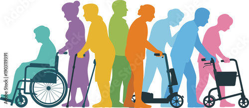 Inclusive mobility silhouettes, diverse accessibility aids illustration, wheelchair cane walker knee scooter, equality diversity unity concept, colorful gradient vector community design
