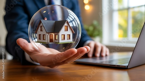 Home insurance protection concept with house model inside glass sphere
