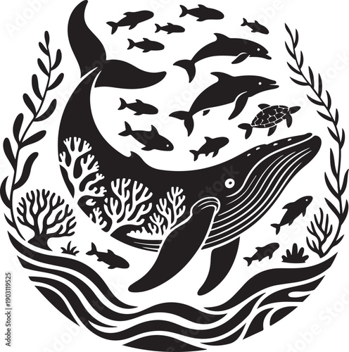 Whale surrounded by fish, dolphins, and a turtle in a circular ocean scene with coral and waves.