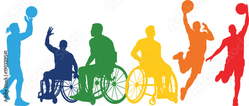 Inclusive basketball player silhouettes set, standing and wheelchair athletes shooting dribbling poses, adaptive sports diversity concept, flat vector illustration