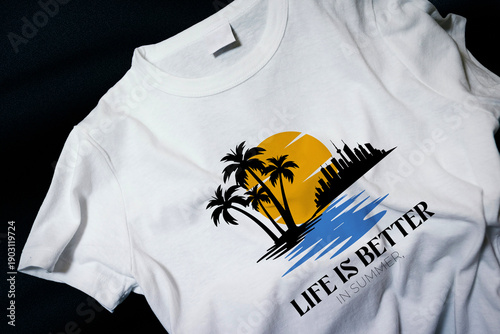 White T-Shirt with Tropical City Skyline and Palm Tree Design, 'Life is Better in Summer' Slogan, Modern Summer Apparel Mockup for Travel and Vacation Themes
