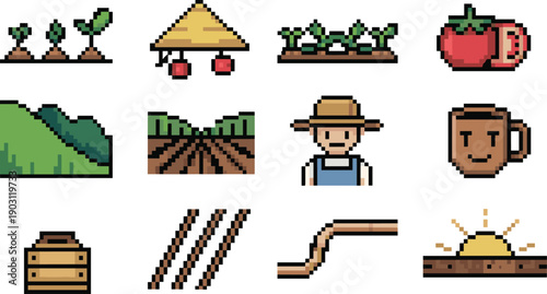 Pixel art farming icons set, farmer crops seedlings fields irrigation tools, harvest landscape agriculture concept, retro game style illustration, collection