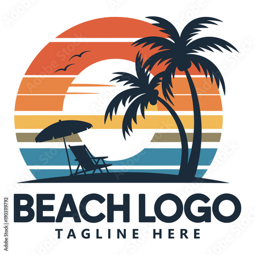 Beach logo with palm trees and sunset behind deck chair and umbrella icon