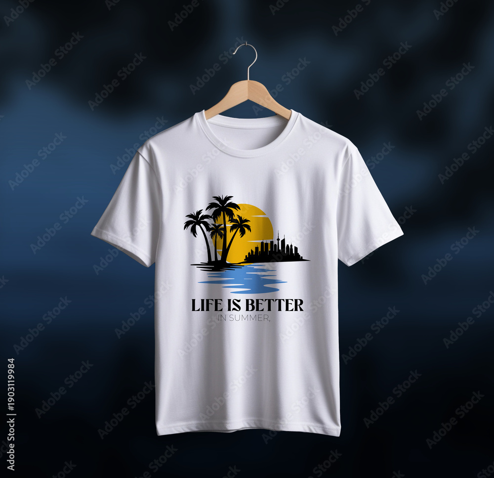 Fototapeta premium White T-Shirt with Tropical City Sunset Design and 'Life is Better in Summer' Text, hanging on a wooden hanger against a dark background, capturing the essence of vacation and warmth.